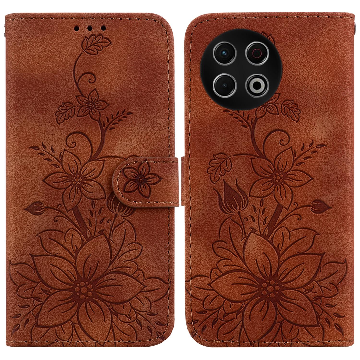 

For TECNO Spark 30 Pro 4G Stand Case Lily Flower Imprint Leather Phone Cover with Wrist Strap Brown