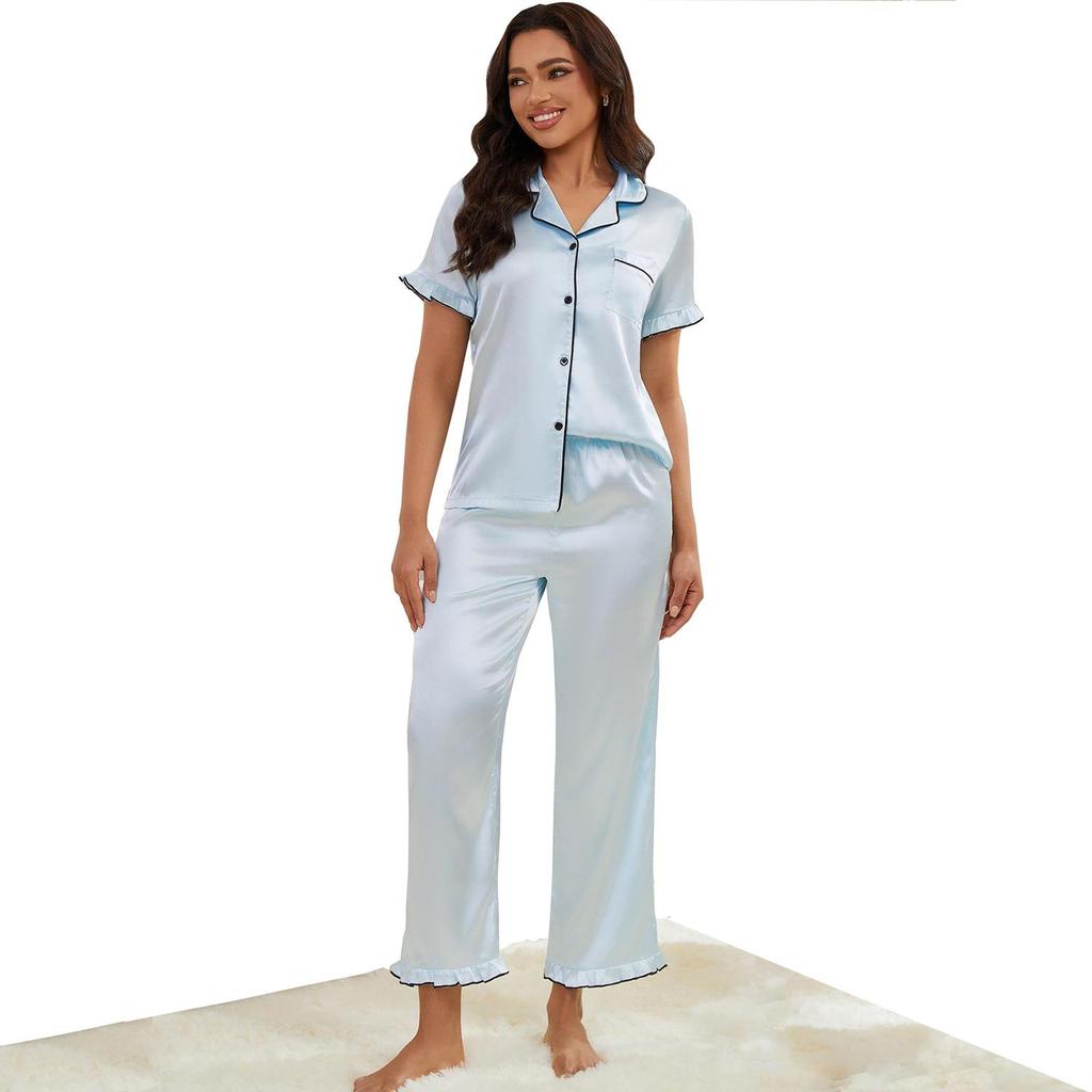 Completo Pigiama da Donna con Scollo a Revers in Raso, Maniche Corte, Pantaloni Corti, Set da 2 Pezzi, Pigiama Primavera Estate, Imitazione Seta, Abbigliamento da Notte Casual