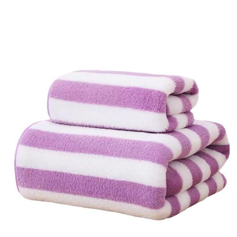 Double-sided Microfiber Coral Fleece Adult Bath Towel with Striped Color Strips Quick-drying Soft and Absorbent for Home Use