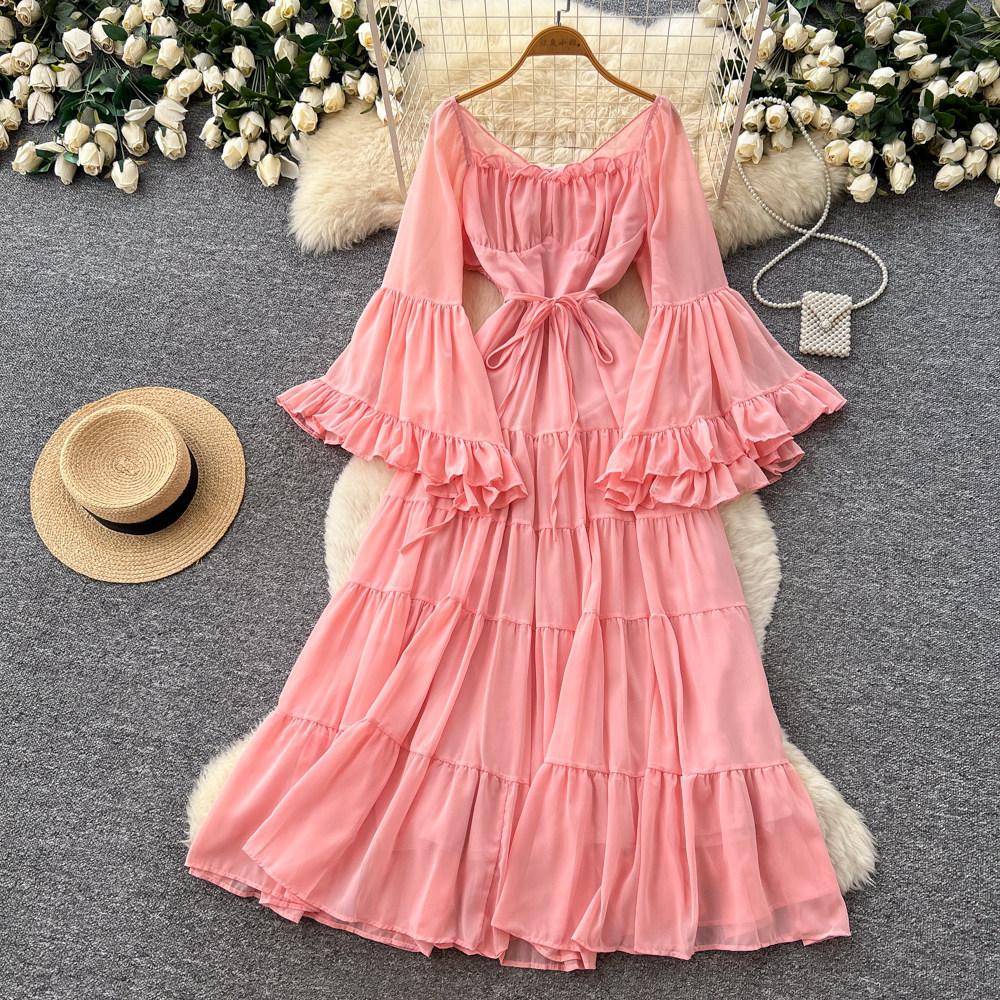 French gentle wind square collar strap lantern sleeve dress women's spring pure desire wind waist thin temperament long dress