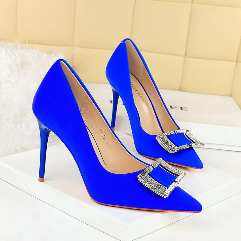 Fashionable High Heels For Women With Light Mouth Square Buckle Rhinestone Slim Heels Single Shoes Pointed Toe High-End Shoes