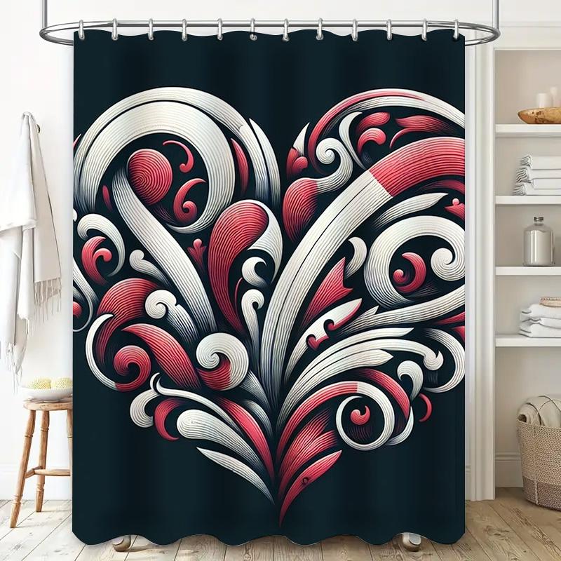 Elegant Red And White Swirl Heart Shower Curtain - Waterproof, Mildew-Resistant, Machine Washable For Modern Bathroom Decor