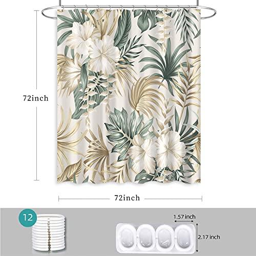 Summer Shower Curtain Green Tropical Plant Palm Tree White Floral Havaii Botanical Shower Curtains for Bathroom with 12 Hooks