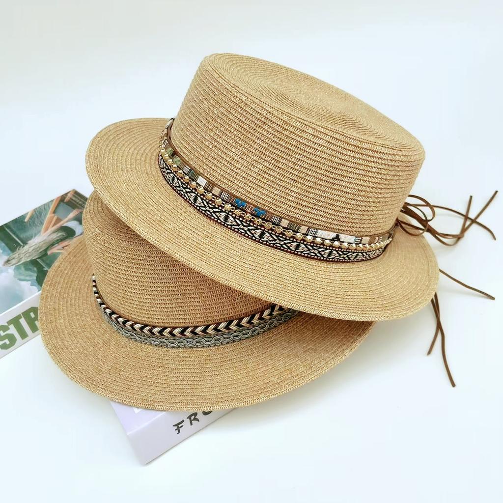 Bohemian Flat Top Straw Hat Women's Summer Outing Beach Hat Retro Webbing Face Small Sunshade Hat