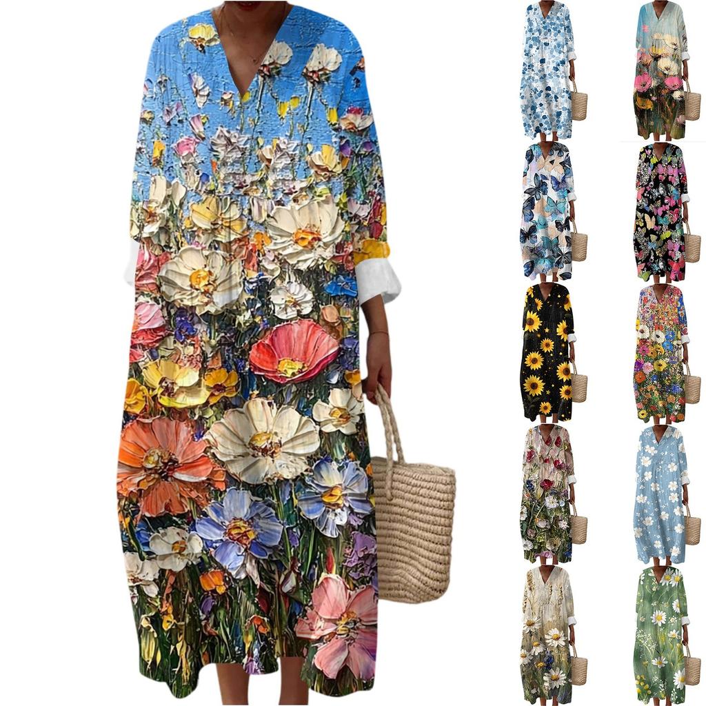 Dámské ležérní módní maxi šaty s výstřihem do V a dlouhým rukávem s květinovým potiskem
