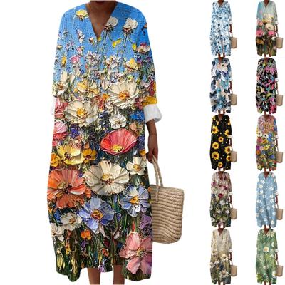 Women's Casual Fashion V-Neck Long Sleeve Floral Print Maxi Dress
