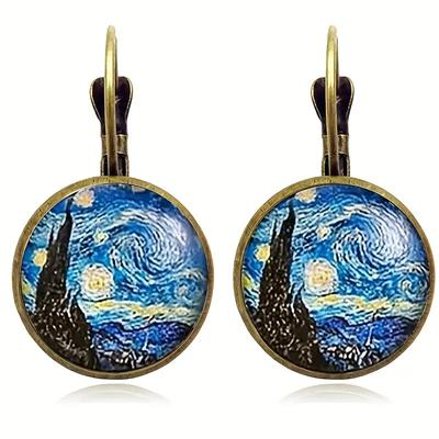 Pendientes de Cristal con Diseño de Noche Estrellada y Girasol Chapados en Oro Vintage Antiguo para Mujer Accesorios de Joyería Clásicos de Van Gogh