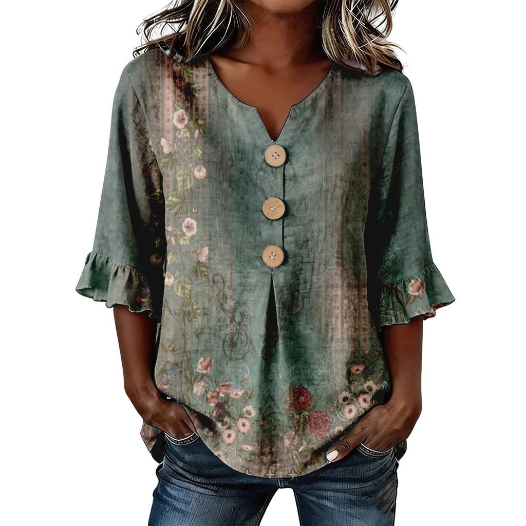 Women V Neck Floral Print Button Loose Fit Ruffle Sleeve Blouse Casual Comfortable Top for Daily Wear Office Travel