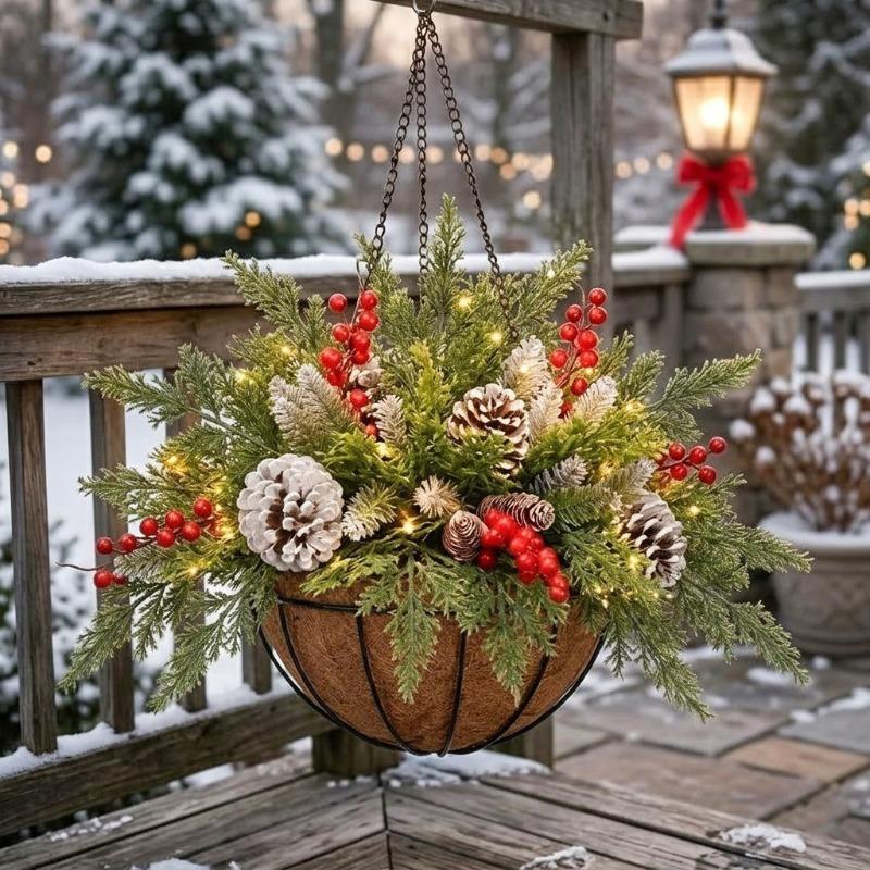 Weihnachts-Hängekorb Blumentopf Baum Halbkreisförmig Pilz Rattan Kiefernadeln Rote Früchte Band Dekorative Weihnachtsdekorationen