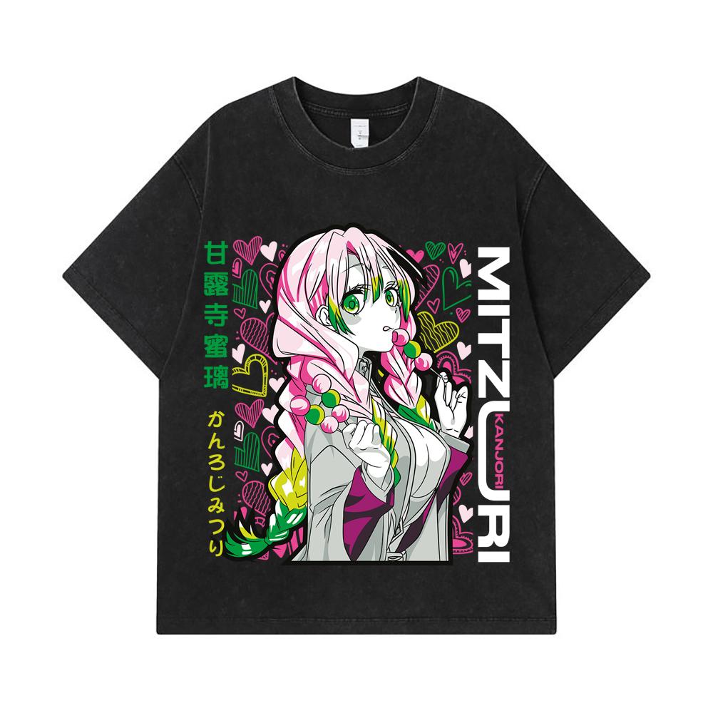 275 GSM Washed T-shirts 100% Cotton Demon Slayer V102 Mitsuri Print Unisex Heavy Cotton T Shirt