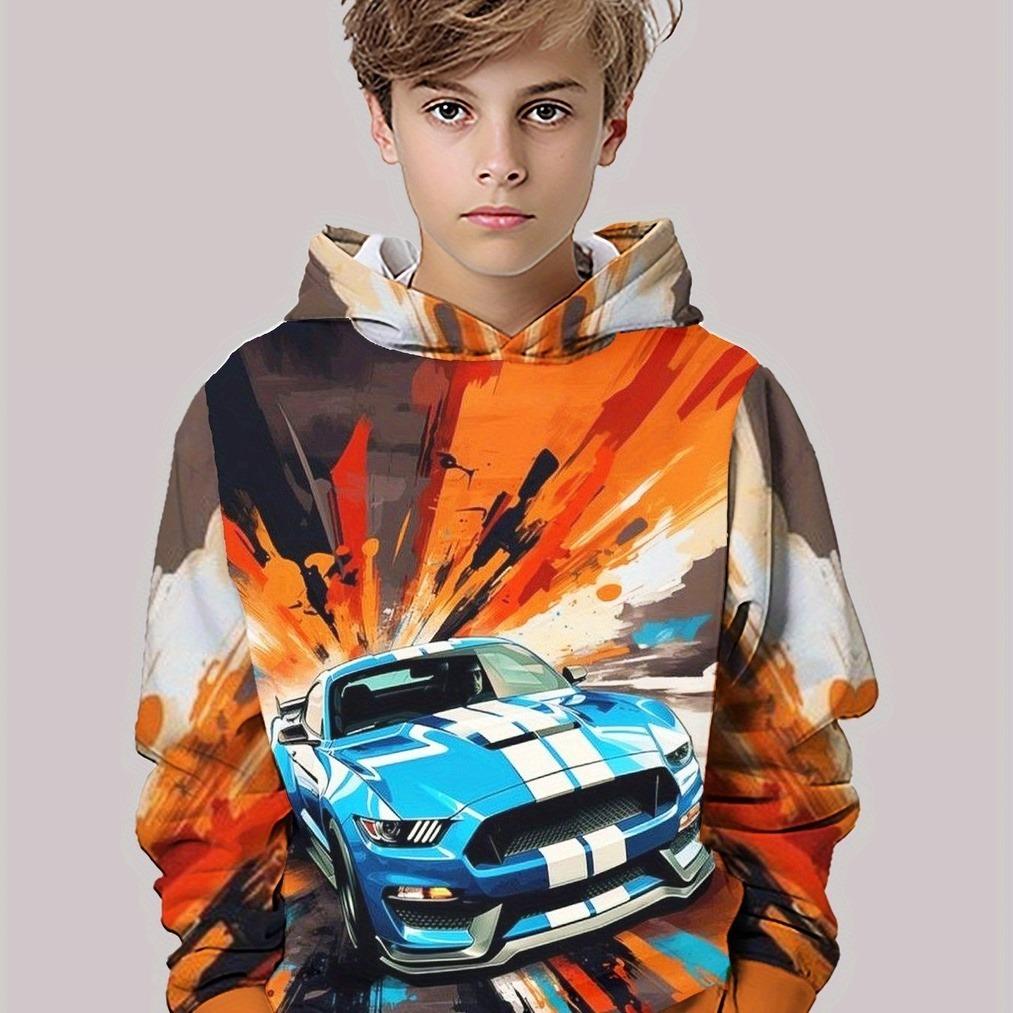 

Худи для мальчиков с рисунком уличного спорткара, пуловер с длинным рукавом в стиле кэжуал, мультяшный модный стиль 13-14Y