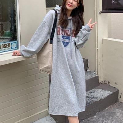 Vestidos Casuales de Moda para Mujer Otoño Invierno Manga Larga con Capucha Cintura Suelta