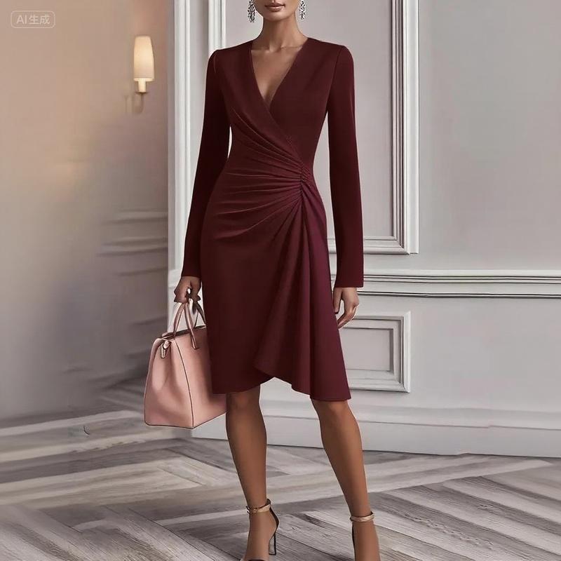 European Style Fall Fashion V-Neck Solid Color Long Sleeve Maxi Dress Women Clothing