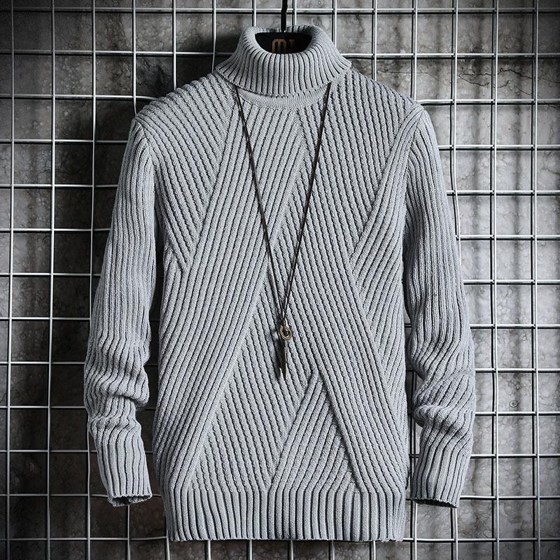 2025 Winter Trendy Men s Thickened Korean Style High Neck Pullover Sweater with Slanted Stripes M