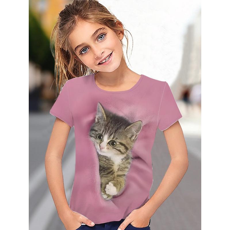 T-Shirt for Girls Cute Kitten Girls Clothes Kids T-Shirt Summer Short Sleeve Children Outdoor Sports Tops T-Shirt for Girls