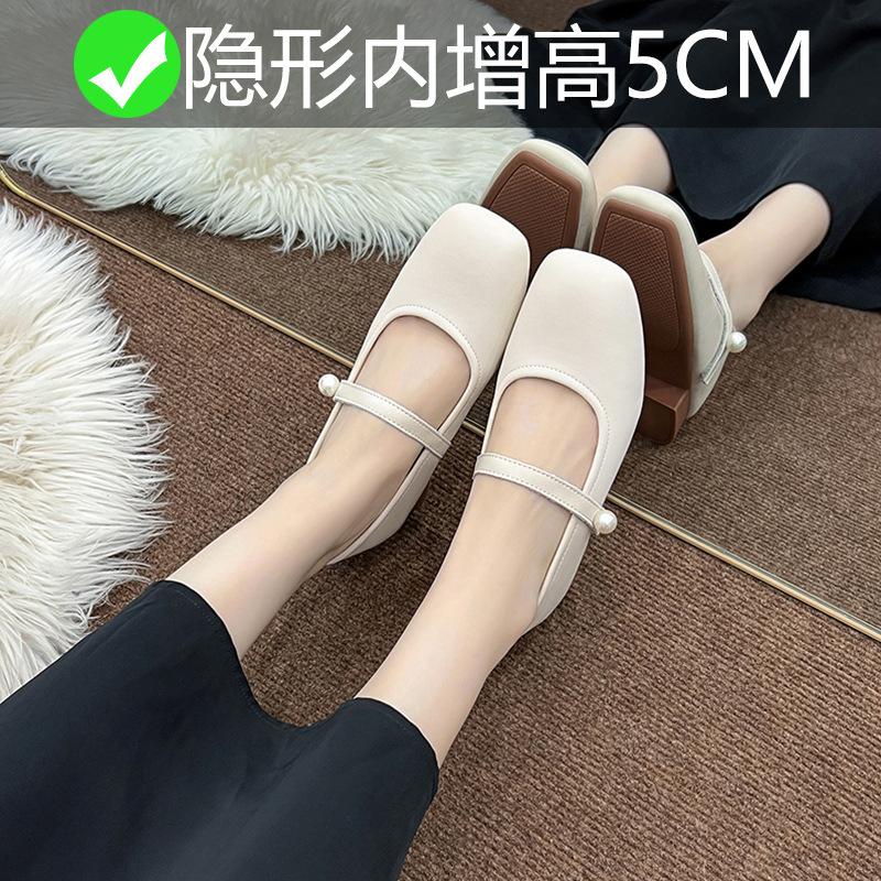 Grandma Shoes Soft Sole Spring and Autumn New Shallow Thick Heel Single Shoes Inner Height Increase 5CM Single Shoes Small Size 3233