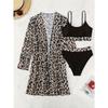 Leopard Print Scoop Neck Bikini With Long Sleeve Kimono Cover Up 3 Piece Set Swimsuits, Women's Swimwear & Clothing