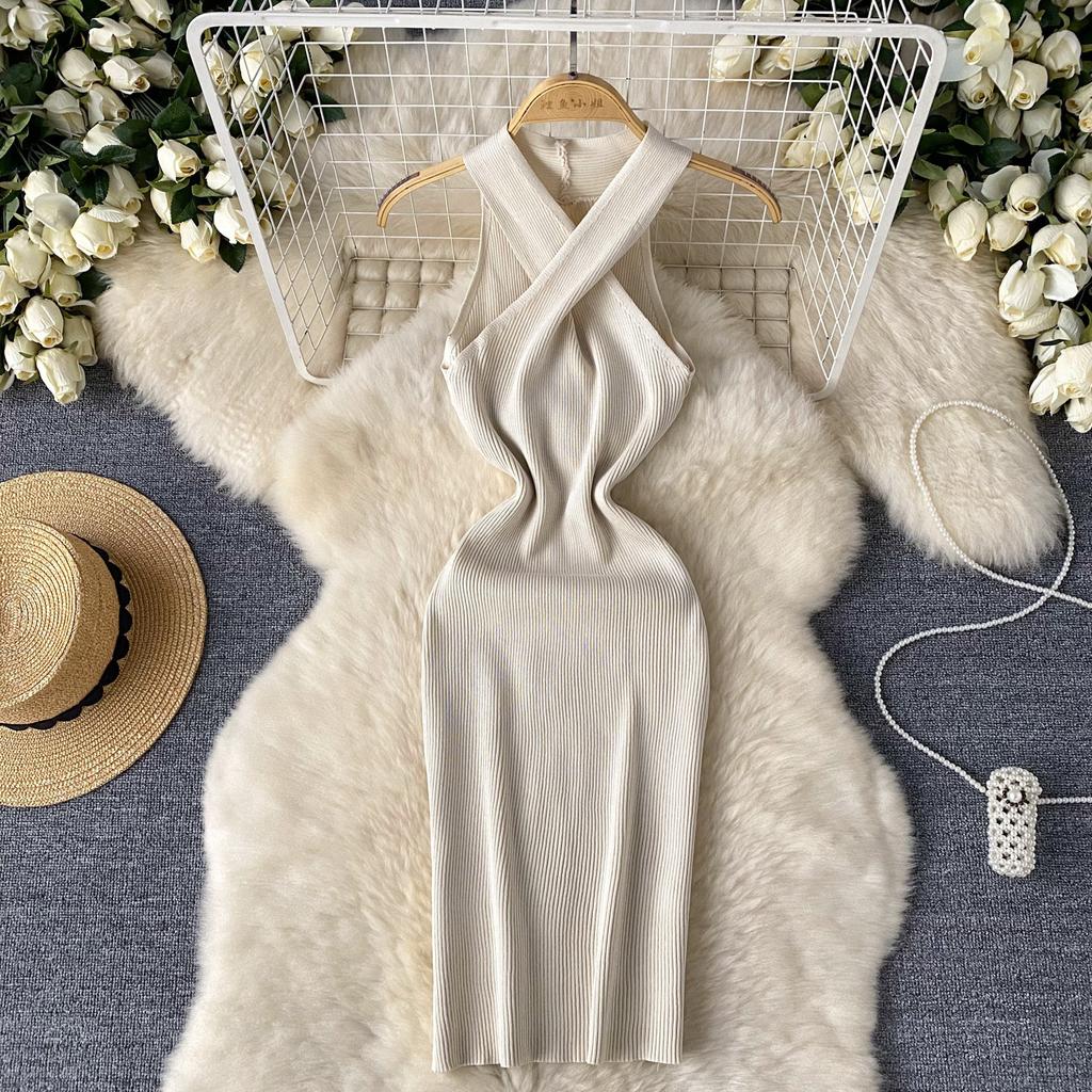 Design cross neck sleeveless dress women's elastic tight hip wrap medium and long skirt summer sexy knitted skirt