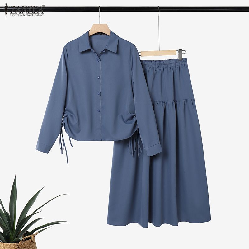 ZANZEA Women Long Sleeve Blouse and Long Skirts Casual Two Piece Suit Sets