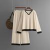 A New Autumn and Winter Striped Knitted Suit for Women, A V-neck Color-blocking Top and Wide-leg Pants Two-piece Set