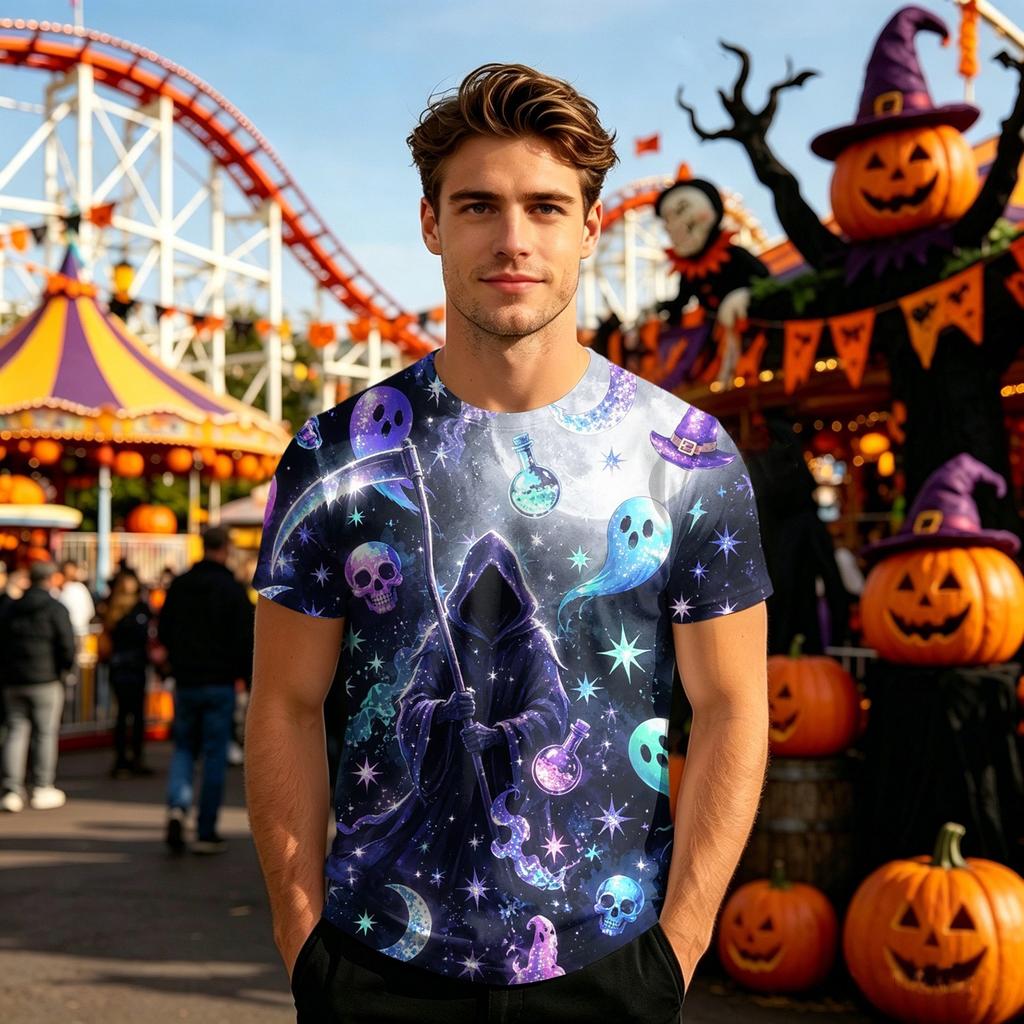 Unisex Halloween Graphic T Shirt Loose Fit Casual Short Sleeve Top Stained Glass Pattern Printed Tee for Everyday Wear