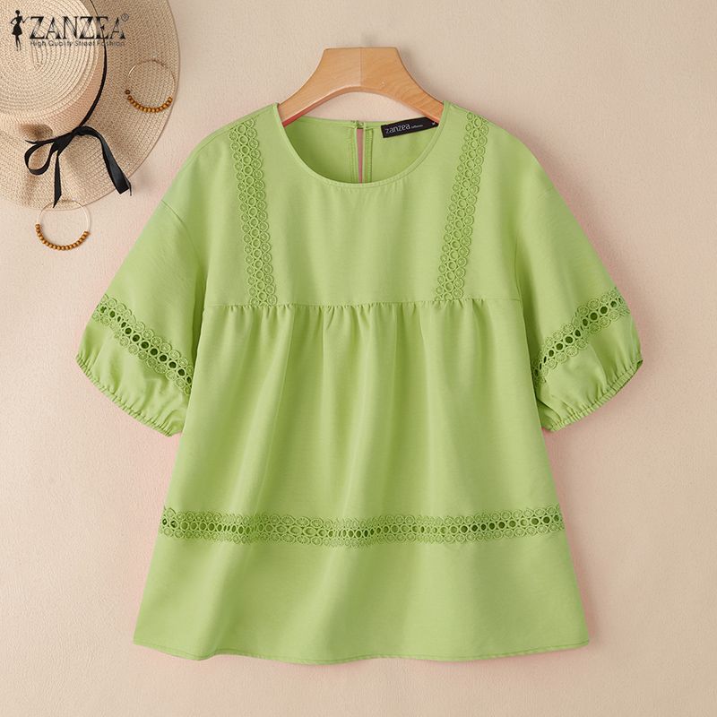 ZANZEA Women Casual Lace Embroidery Patchwork Short Sleeve Crochet Blouse Tops