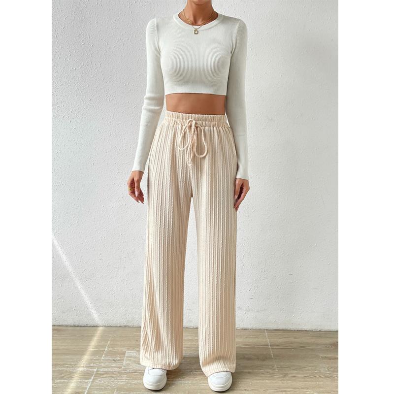 Women's Knitted Wide-leg Pants Fashion Solid Color Texture Stripes Elastic Waist Comfortable Casual Loose Straight Pants