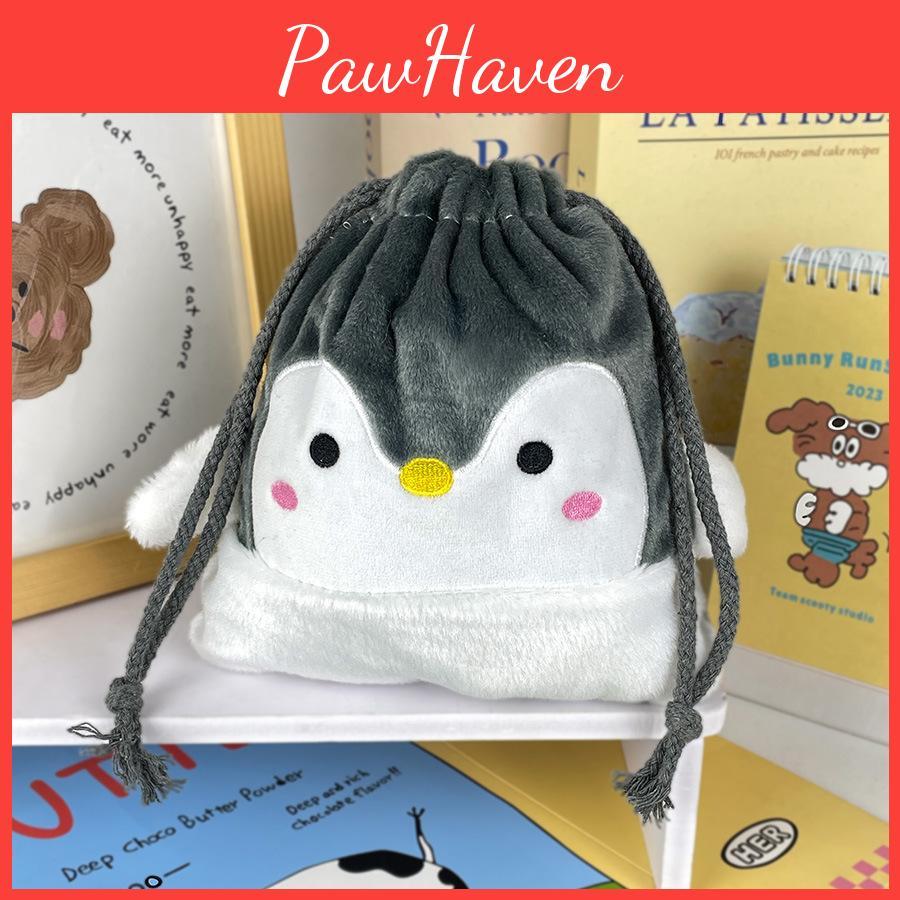 Cute Penguin Character Drawstring Pouch Soft Plush Storage Bag For Makeup And Miscellaneous Items