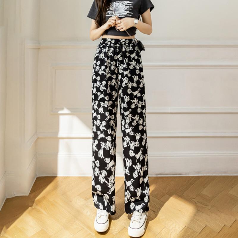 Ice silk wide-leg pants women's summer thin new Chinese ink cool pants high-waisted casual pants trousers women's clothing