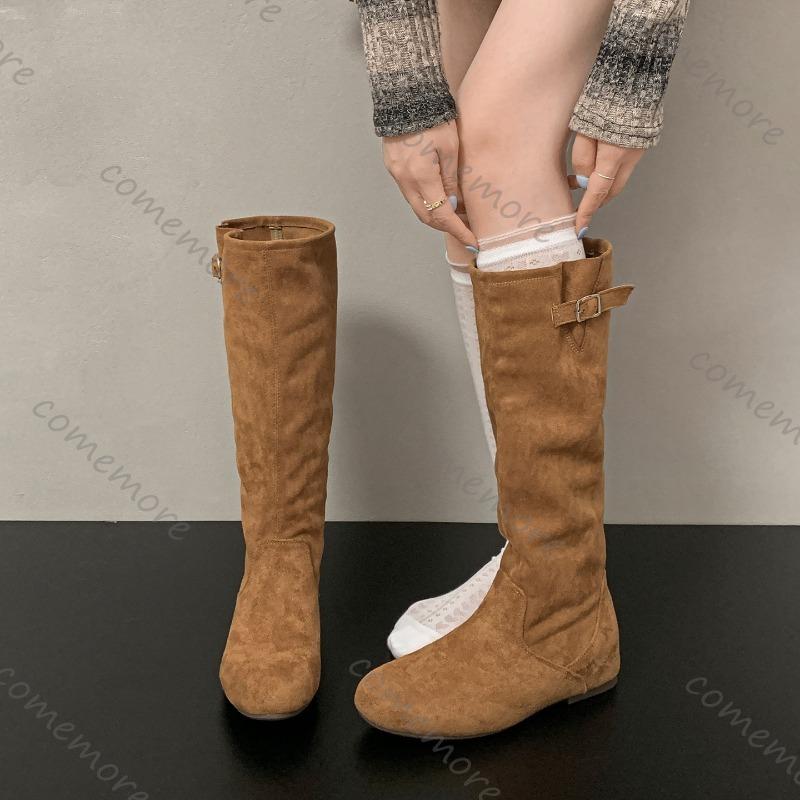 Comemore Khaki Retro Women's Long Boots Autumn Suede Solid Flat Bottom Ladies Shoes Belt Buckle Round Toe Knee High Knight Botas