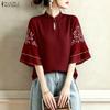 ZANZEA Women Casual Stand Collar Retro Embroidery Splice Half Sleeve Blouse