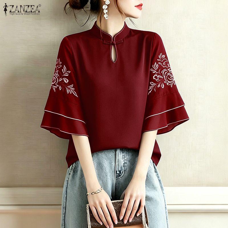 ZANZEA Women Casual Stand Collar Retro Embroidery Splice Half Sleeve Blouse