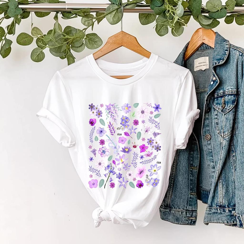 European Style Purple Floral Short Sleeve Round Neck T-Shirt