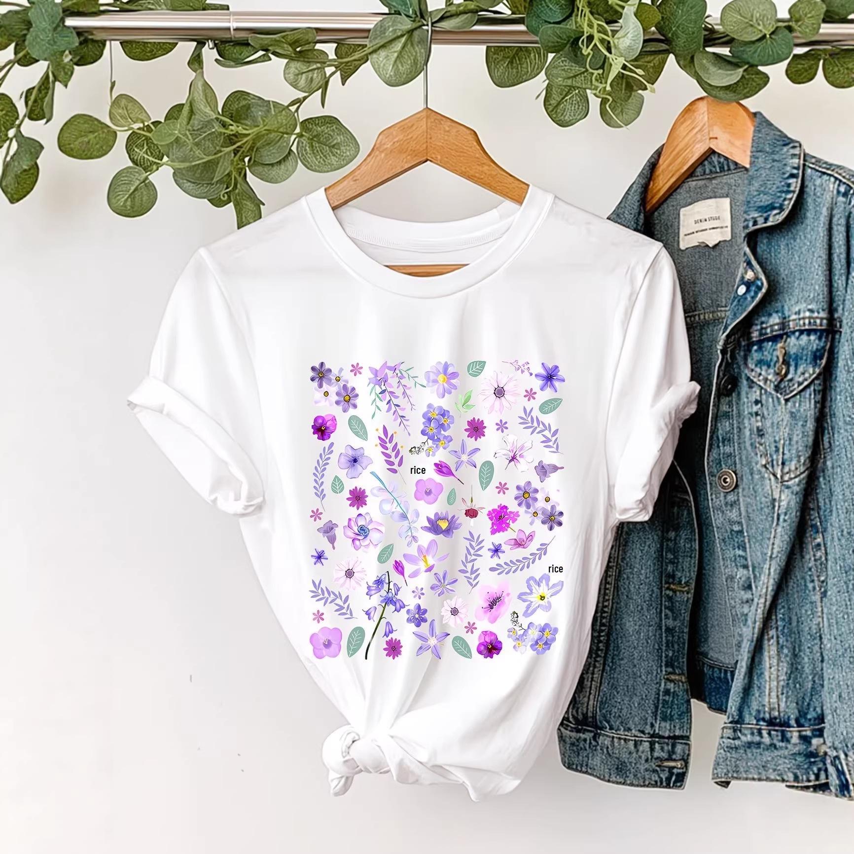 

European Style Purple Floral Short Sleeve Round Neck T-Shirt XL білий