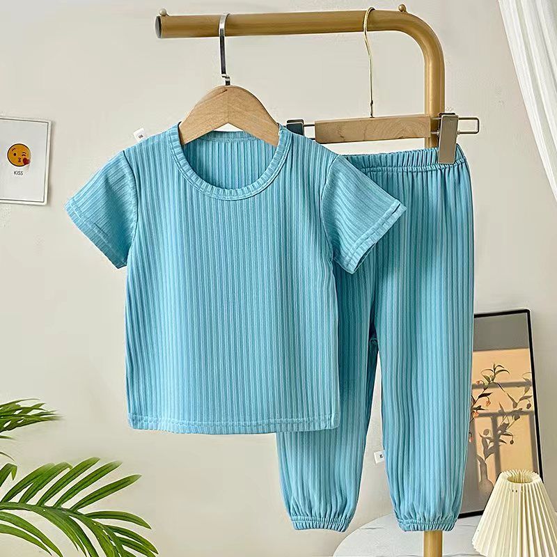 Summer Children's Ice Silk Short Sleeved Set Boys' Thin Home Clothes Baby's Solid Color Leggings, Pajamas