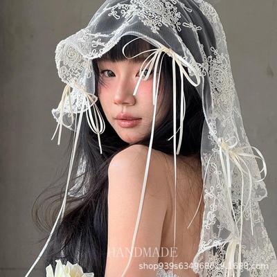 French Lace Bow Ribbon Veil for Bridal Photography