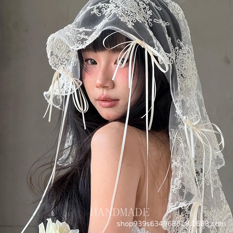 French Lace Bow Ribbon Veil for Bridal Photography