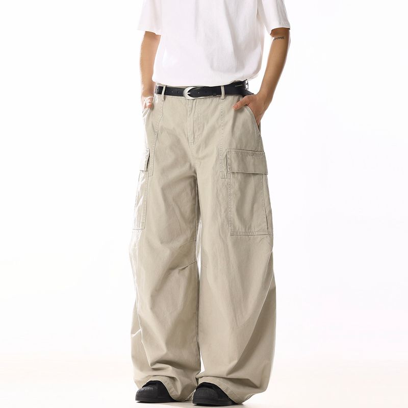 

American Retro Streetwear Casual Pants for Men and Women with Large Side Pockets, Loose Deconstructed Wide-Leg Long Pants Apricot color XXL