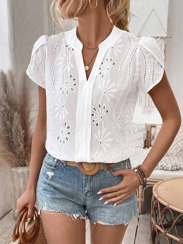 Wind New Women's Outward Bound Clothing Hollow Lace V-Neck Cardigan Short Sleeve Shirt for Women