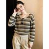 La Chapelle Hollow-Out Striped Long-Sleeve Knit Tee