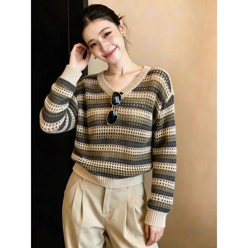 La Chapelle Hollow-Out Striped Long-Sleeve Knit Tee