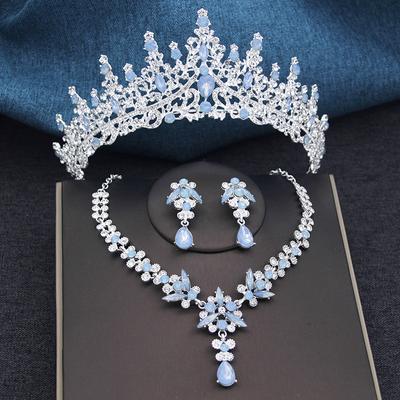 Zilverkleurige Opaalblauwe Bruiloftskroon Sieradensets voor Vrouwen Tiara's en Oorbellen Ketting Set Prinses Meisjes Prom Cadeaus Accessoire