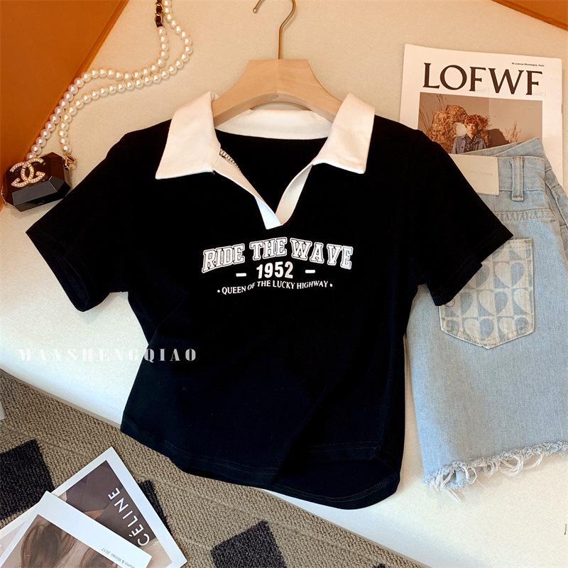 

Женская футболка-поло с коротким рукавом, облегающего кроя, в американском стиле, с пикантным колор-блоком M [Recommended 80-95 lbs] чёрный