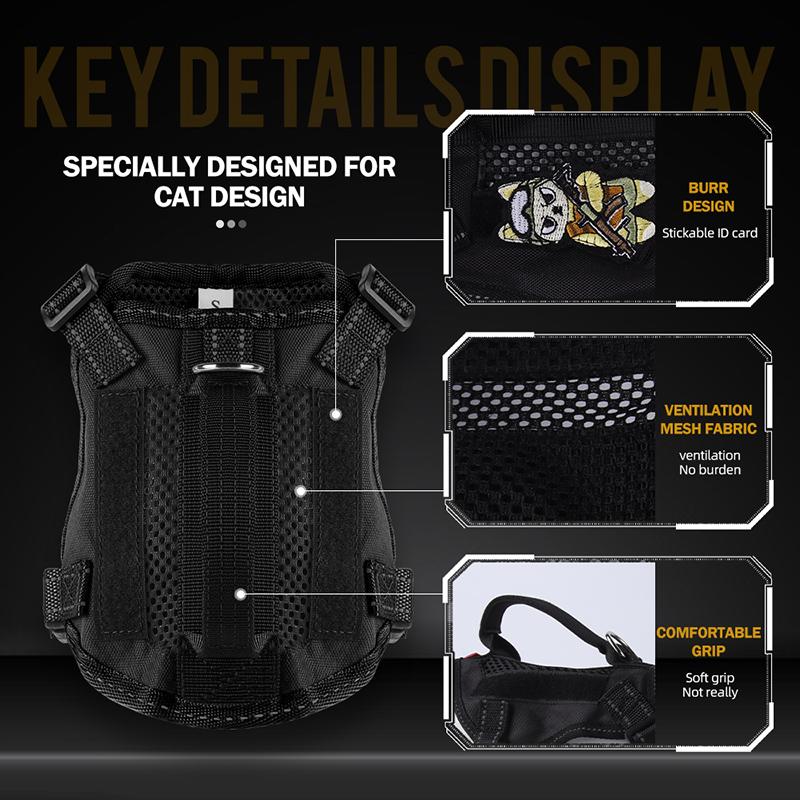 Lightweight Tactical Cat Harness and Leash Set Breathable Adjustable Escape Proof Pet Vest for Active Cats Working Training