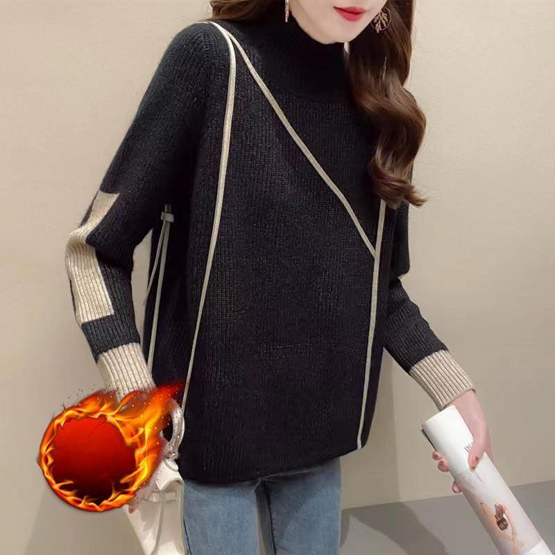 Semi-turtleneck Sweater Women's Autumn and Winter Thickened Design Sense Women's Knitted Sweater Winter Velvet Versatile Loose Bottoming Top