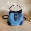 Stylish Denim Bucket Bag Women - Casual Shoulder Tote With Lock PU Leather Blue Brown Combo