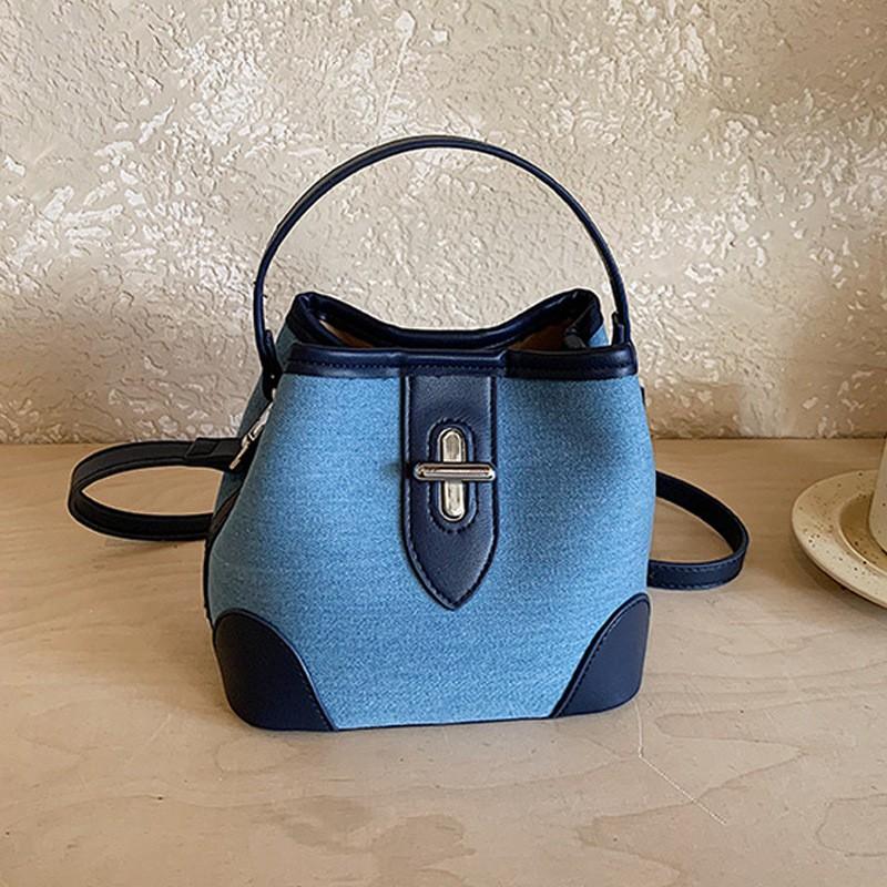 Stylish Denim Bucket Bag Women - Casual Shoulder Tote With Lock PU Leather Blue Brown Combo