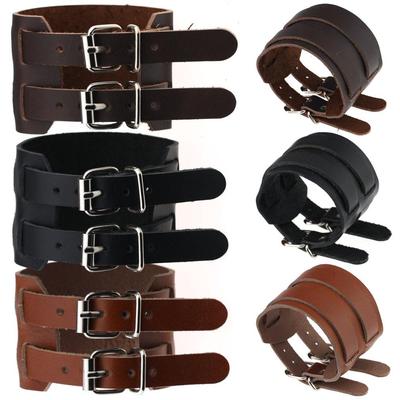 Vintage Echtes Leder Punk Armband Doppelte Schnalle Breites Manschetten Armband für Männer Frauen Gothic Schmuck