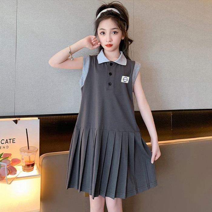 Girls Summer Polo Collar Sleeveless Pleated Dress
