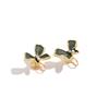 Retro Socialite Butterfly Earrings: Deep Green Enamel, Pearl Flower Center, Gold Border, Non-Pierced Clip-On Style.